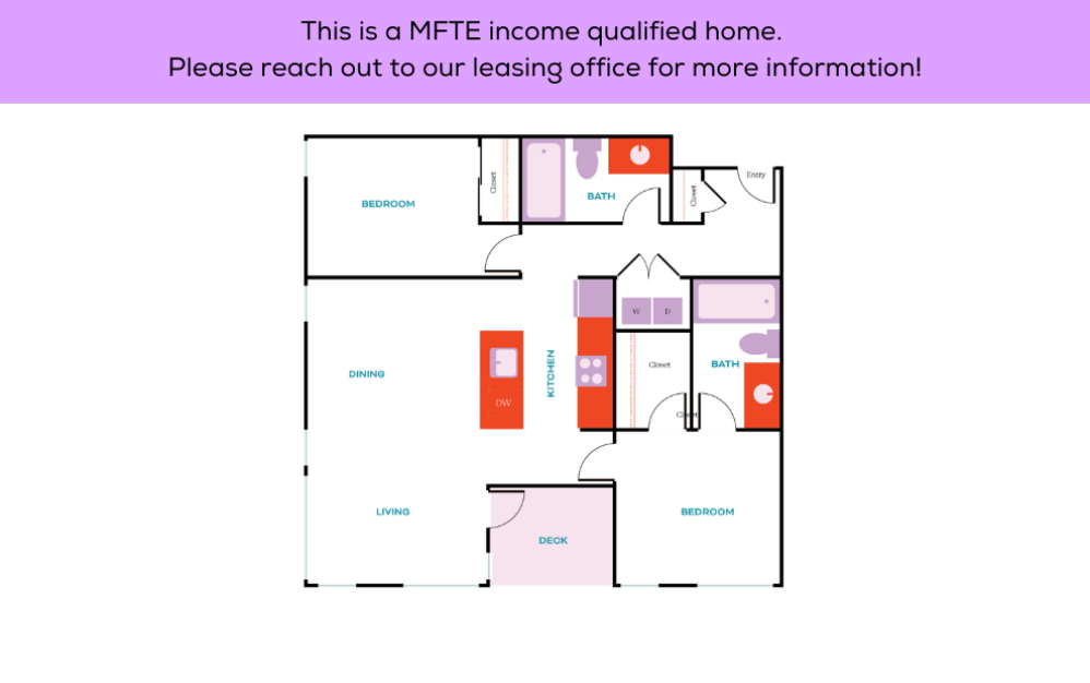 2x2 – MFTE – 85% - 2 bedroom floorplan layout with 2 bathrooms and 941 square feet