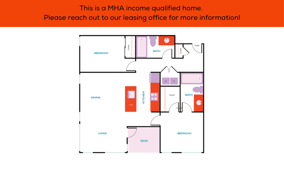 2x2 – MHA – 60% - 2 bedroom floorplan layout with 2 bathrooms and 941 square feet