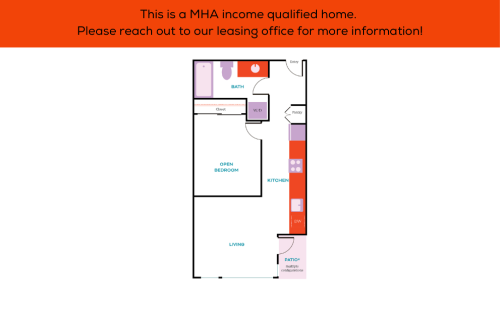 Studio (Open 1 Bedroom) - MHA - 60% - Studio floorplan layout with 1 bathroom and 479 - 483 square feet (Studio (Open 1x1) A
)