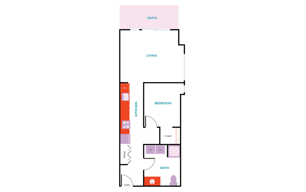 1x1 B - 1 bedroom floorplan layout with 1 bath and 651 square feet.