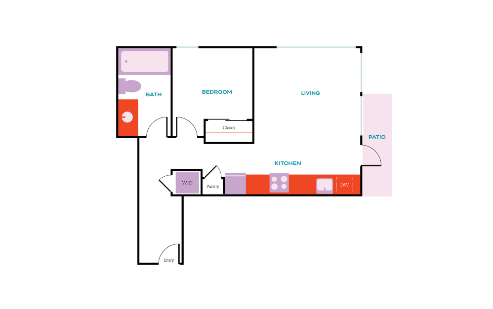 1x1 D - 1 bedroom floorplan layout with 1 bath and 538 square feet.