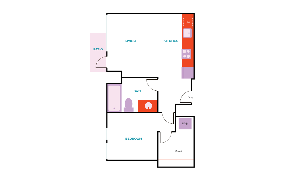 1x1 E - 1 bedroom floorplan layout with 1 bath and 571 square feet.