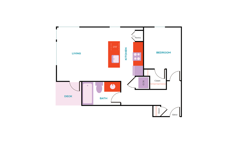 1x1 F - 1 bedroom floorplan layout with 1 bath and 640 square feet.