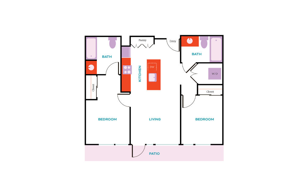 2x2 A - 2 bedroom floorplan layout with 2 baths and 813 square feet.