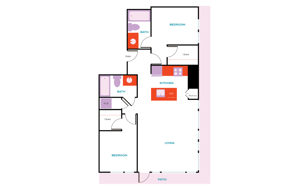 2x2 B - 2 bedroom floorplan layout with 2 baths and 987 square feet.