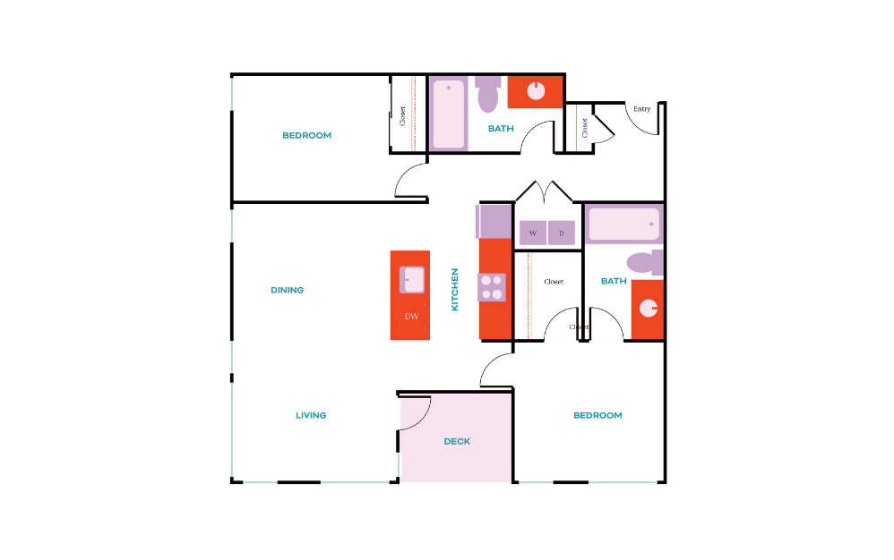 2x2 C - 2 bedroom floorplan layout with 2 baths and 941 square feet.