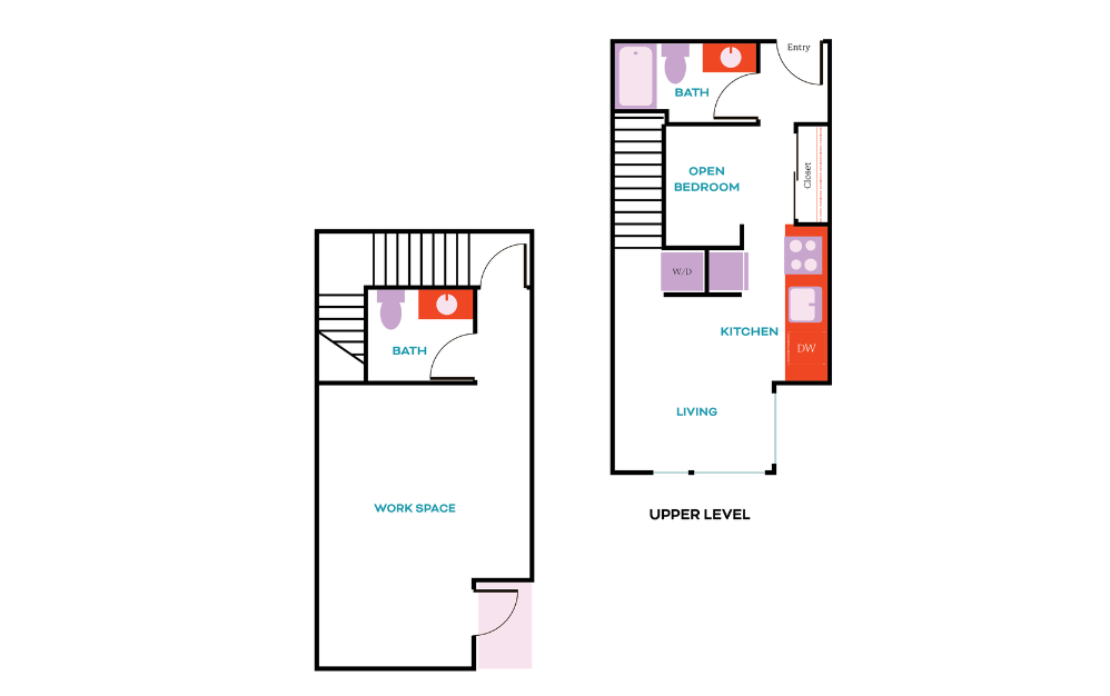Live Work  - 1 bedroom floorplan layout with 1.5 bath and 903 square feet.
