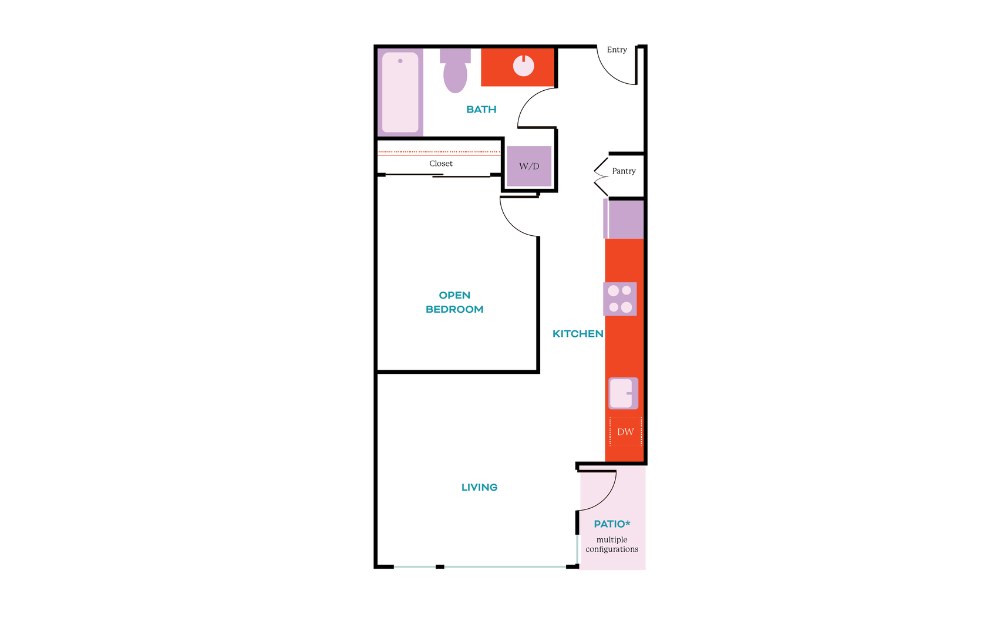 Open 1x1 A - 1 bedroom floorplan layout with 1 bath and 479 square feet.