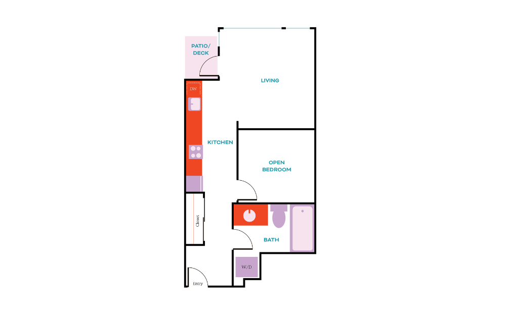 Open 1x1 B - 1 bedroom floorplan layout with 1 bath and 456 square feet.