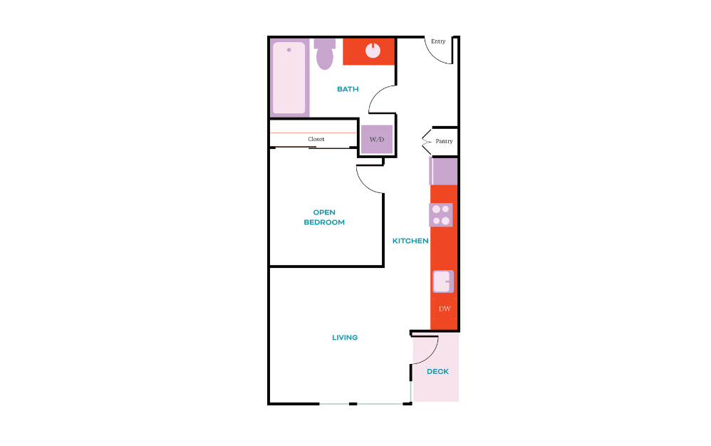 Open 1x1 D - 1 bedroom floorplan layout with 1 bath and 483 square feet.