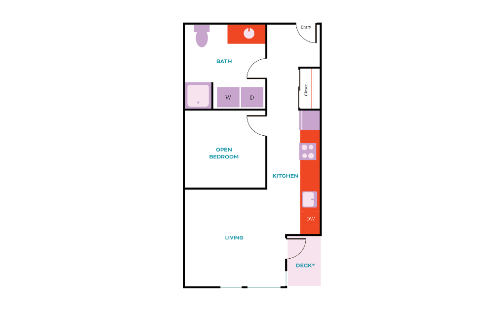 Open 1x1 E - 1 bedroom floorplan layout with 1 bath and 483 square feet.