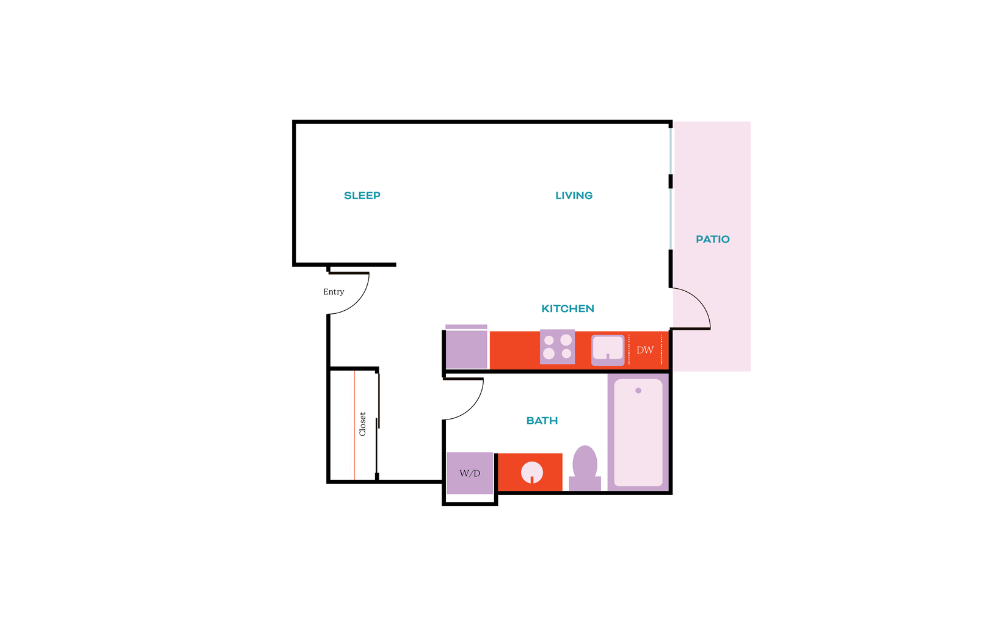 Studio A - Studio floorplan layout with 1 bath and 390 square feet.