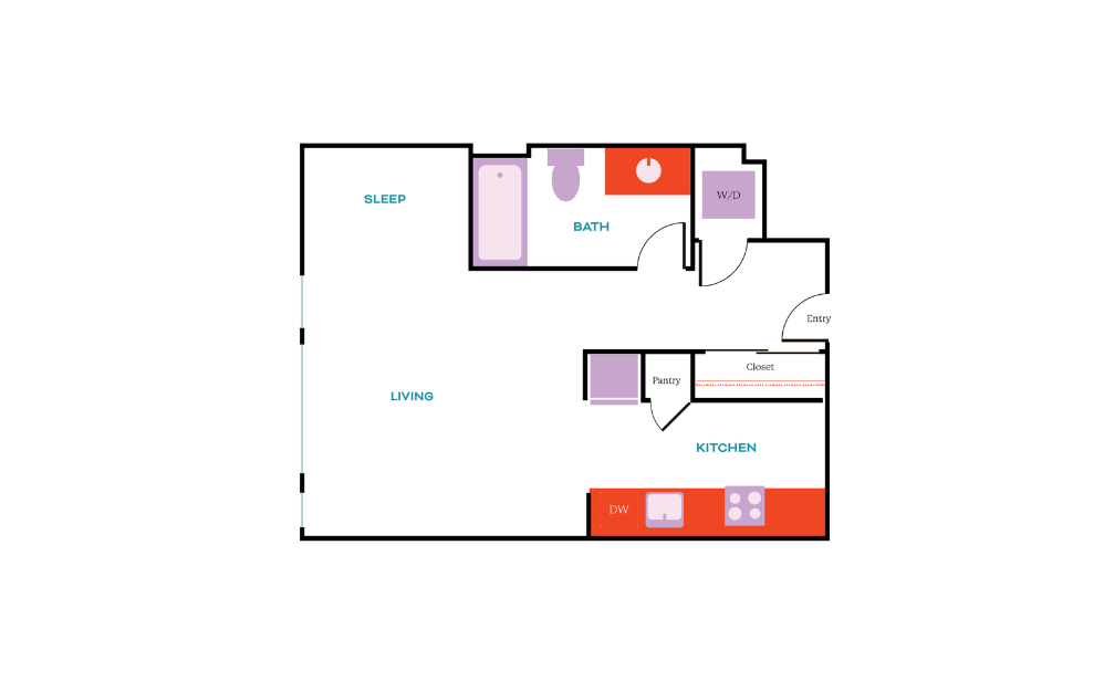 Studio B - Studio floorplan layout with 1 bath and 455 square feet.