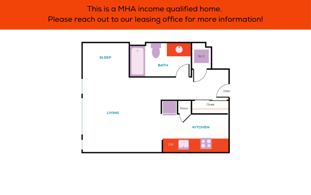 Studio - MHA - 60% - Studio floorplan layout with 1 bathroom and 455 - 483 square feet